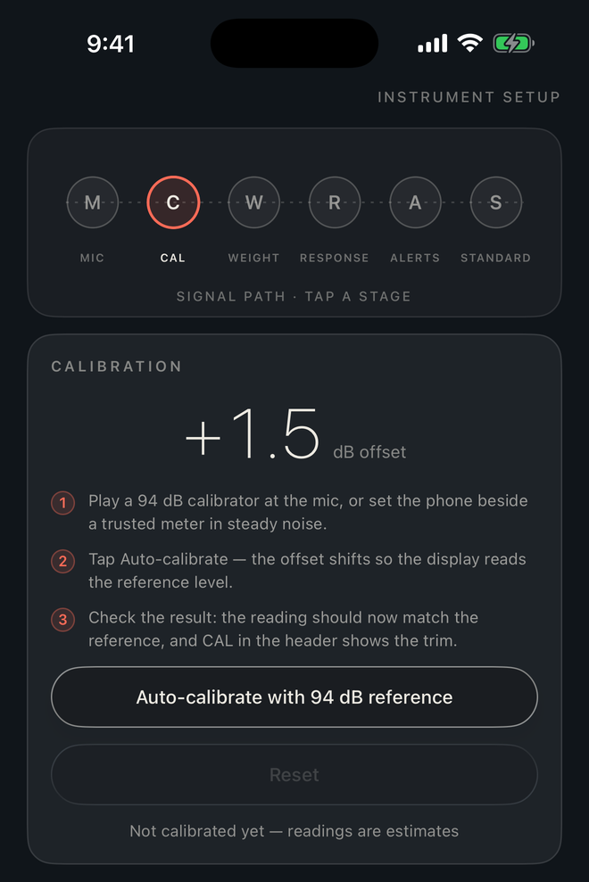 The Settings tab showing the signal path — mic, cal, weight, response, alerts, standard — with the calibration stage open at a +1.5 dB offset.
